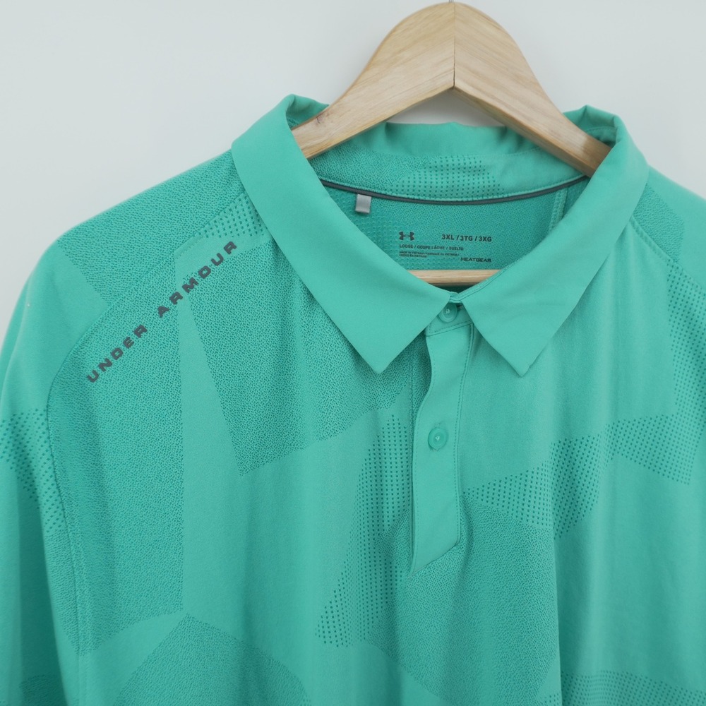 Under Armour Polo Shirt Mens 3XL Teal Green HeatGear Geometric Star Print‎ Loose